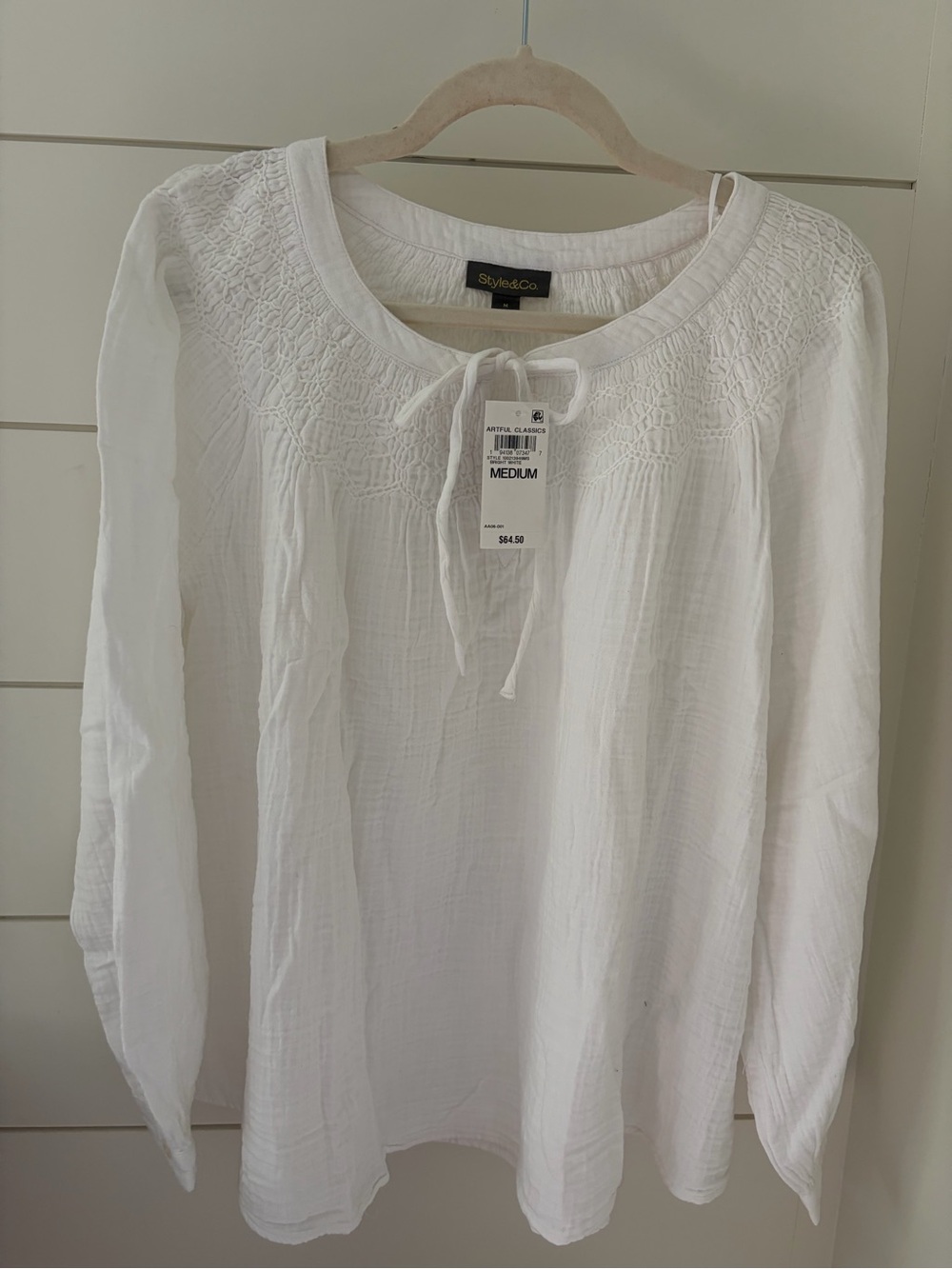 Style & Co. White Long-Sleeve Peasant Blouse with Lace Yoke